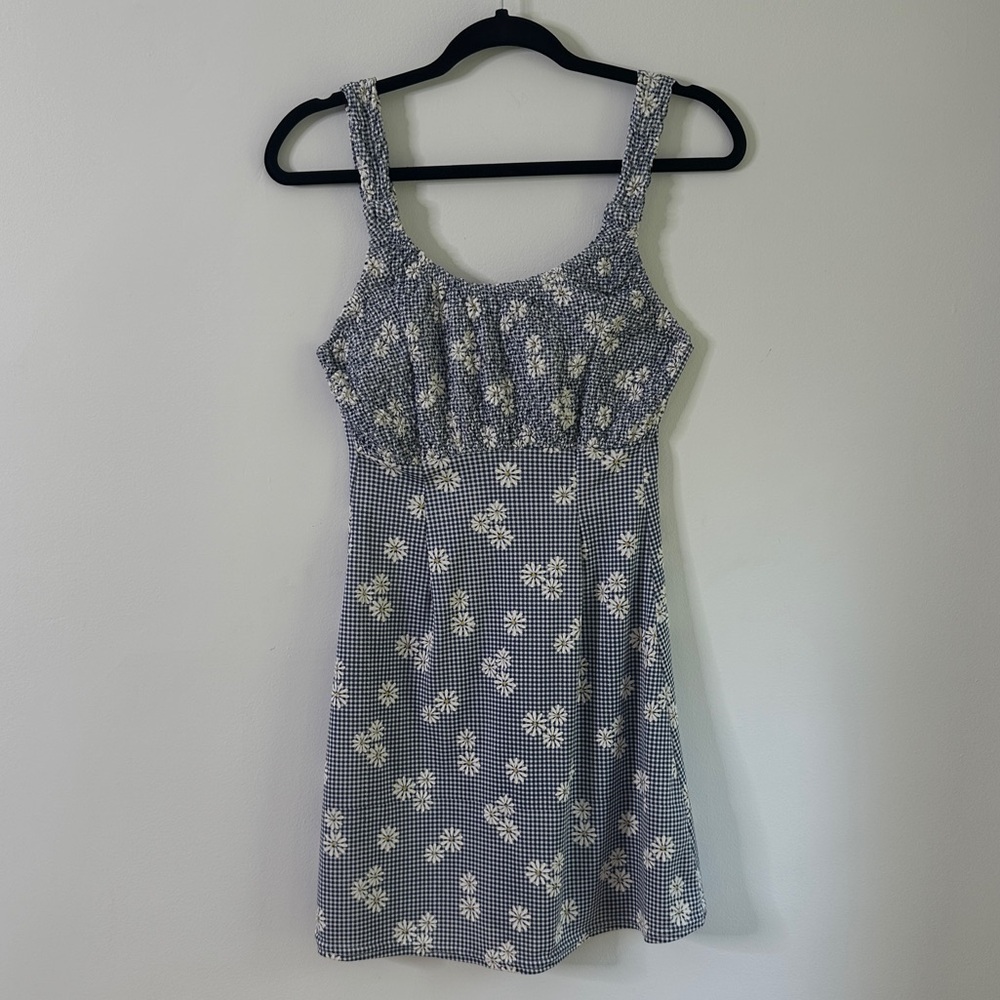 Vintage 90’s Blue & White Gingham Daisy Print Mini Tank Dress